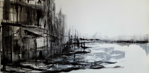 'Variation on Reflections in Silver, Black & White No1'
unique monotype etching 50 x 100 cm
£1,200